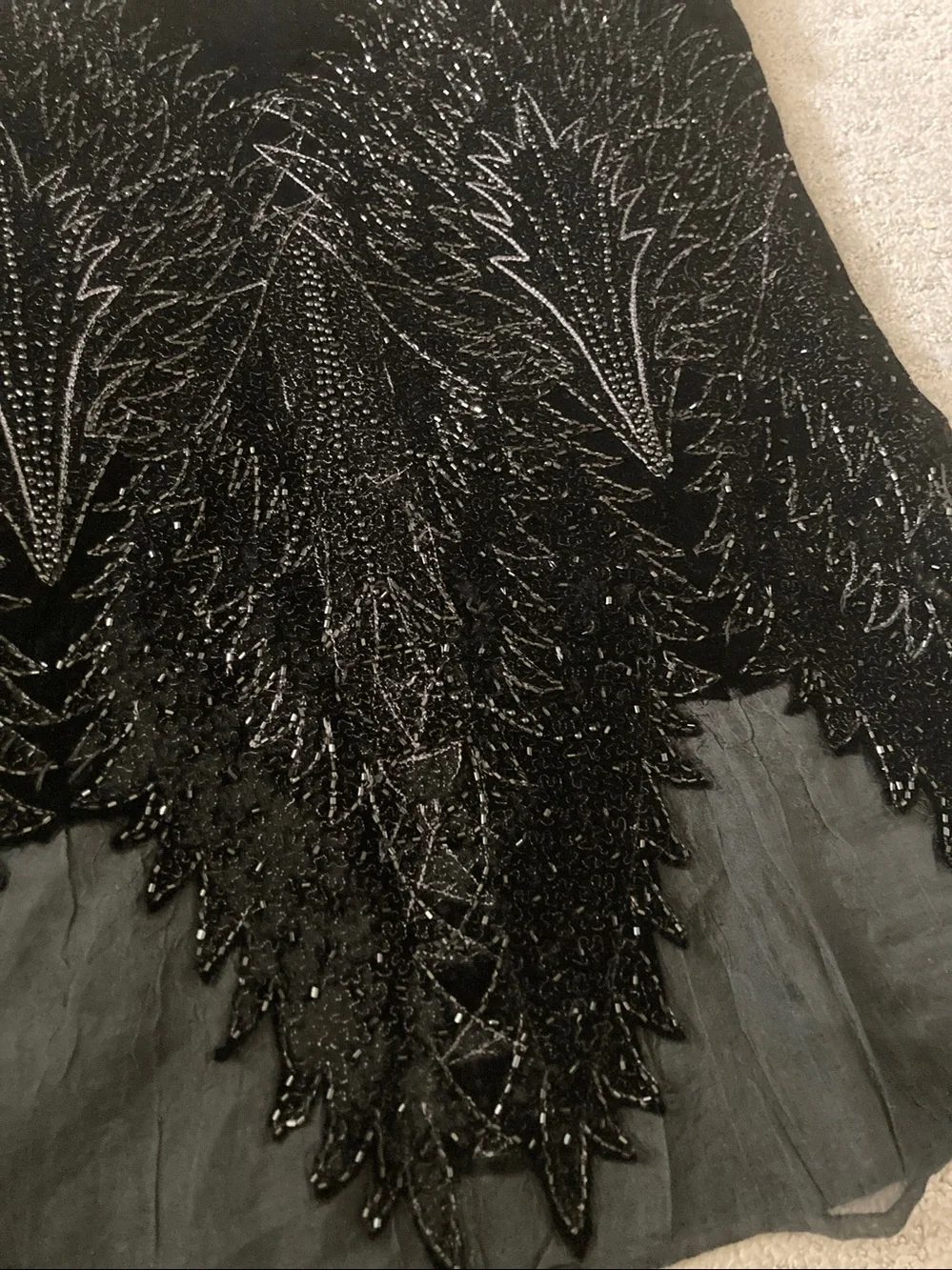Vintage Echo black beaded silk satin & velvet scarf.